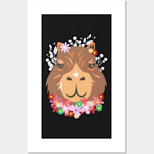 Cute Brown Kawaii Capybara's Face with Flowers Posters and Art